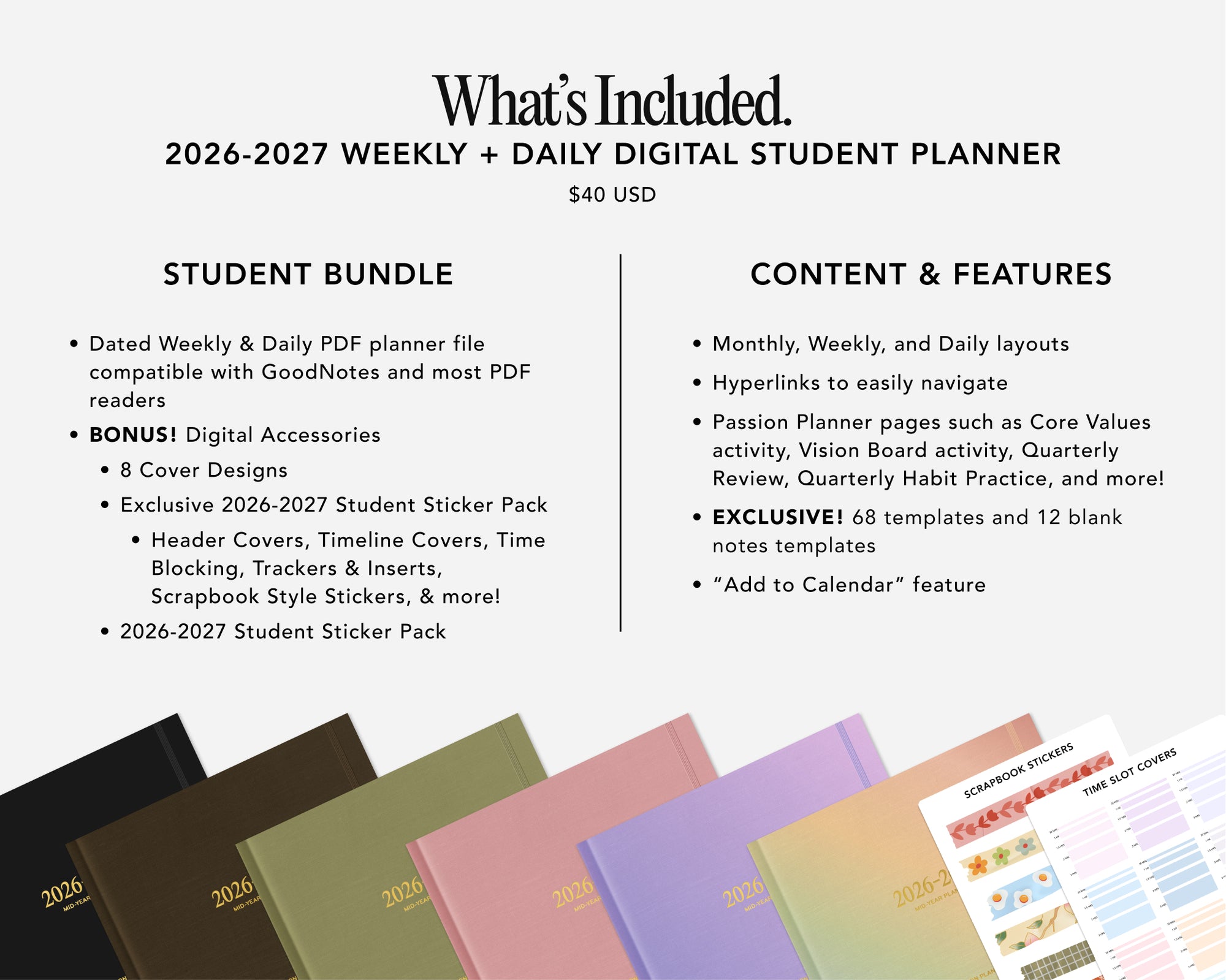 Digital student planner bundle with colorful covers and digital accessories on a white background.