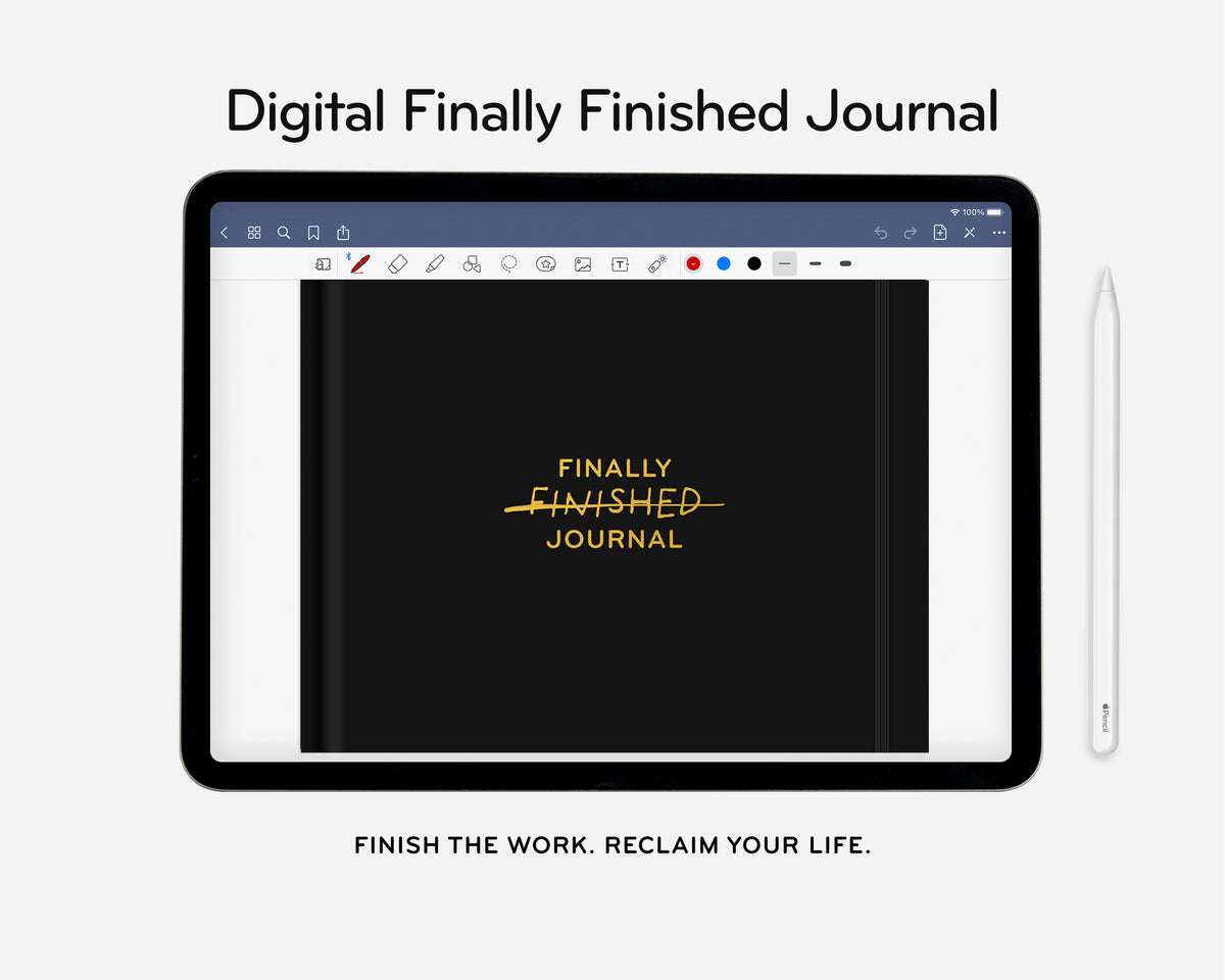Digital mockup of a tablet with 'Finally Finished Journal' on screen, stylus on white background