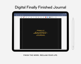 Digital mockup of a tablet with 'Finally Finished Journal' on screen, stylus on white background