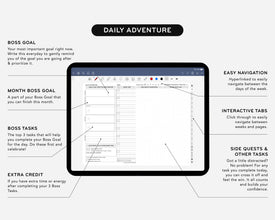 Digital interface with a tablet displaying a to-do list app, surrounded by text on daily goals and tasks.
