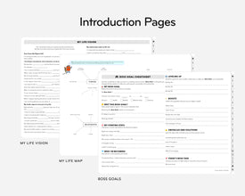 Introduction pages of a personal development journal with sections like 'My Life Vision' and 'Boss Goals'.
