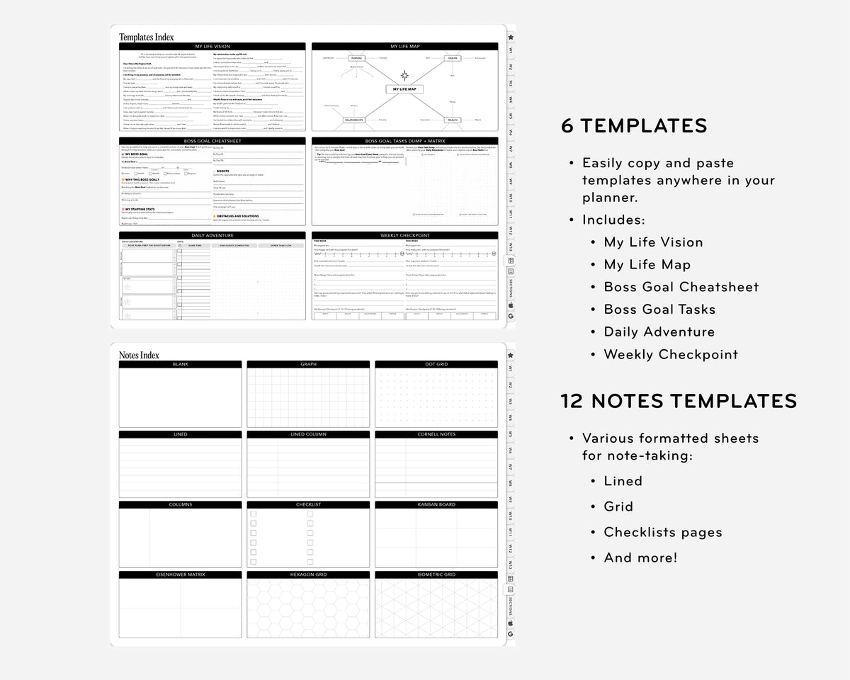 Collection of guided journal templates with text on a white background
