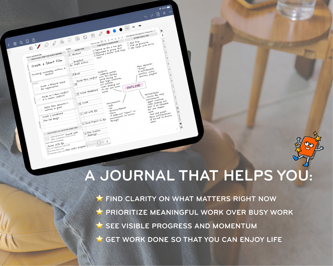 Person using a tablet with a journal app on a desk, with text about the benefits of the journal.