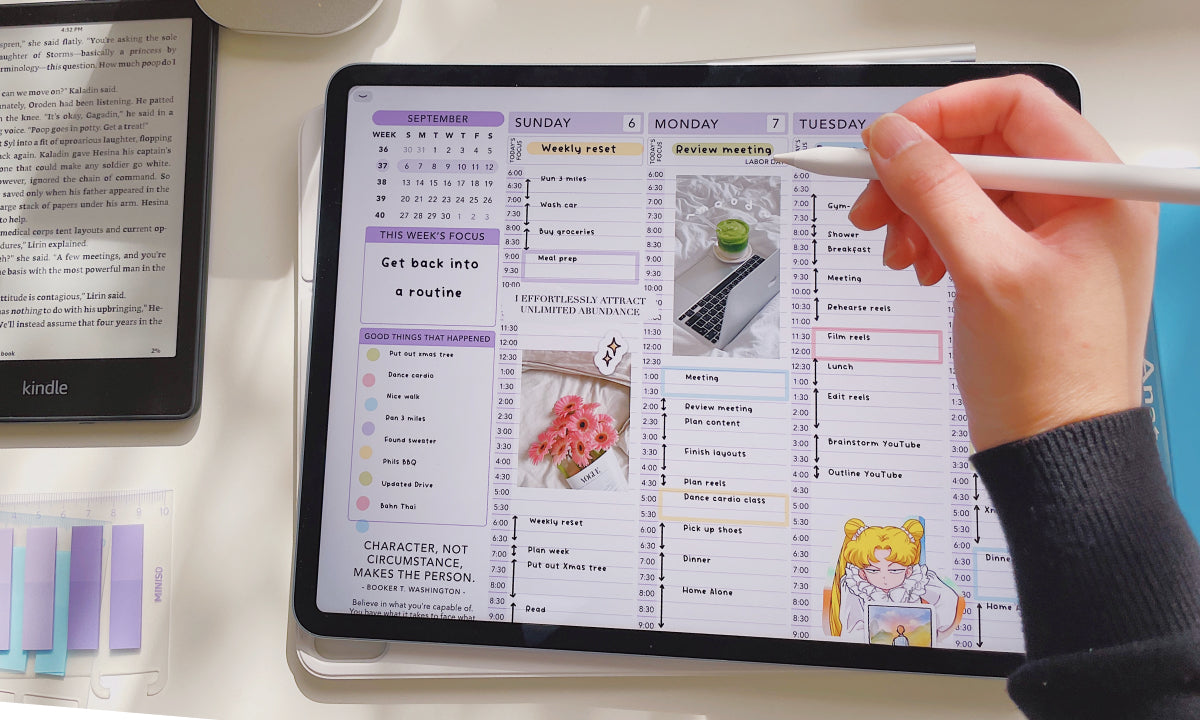 Person using a stylus to interact with a digital planner on a tablet device.