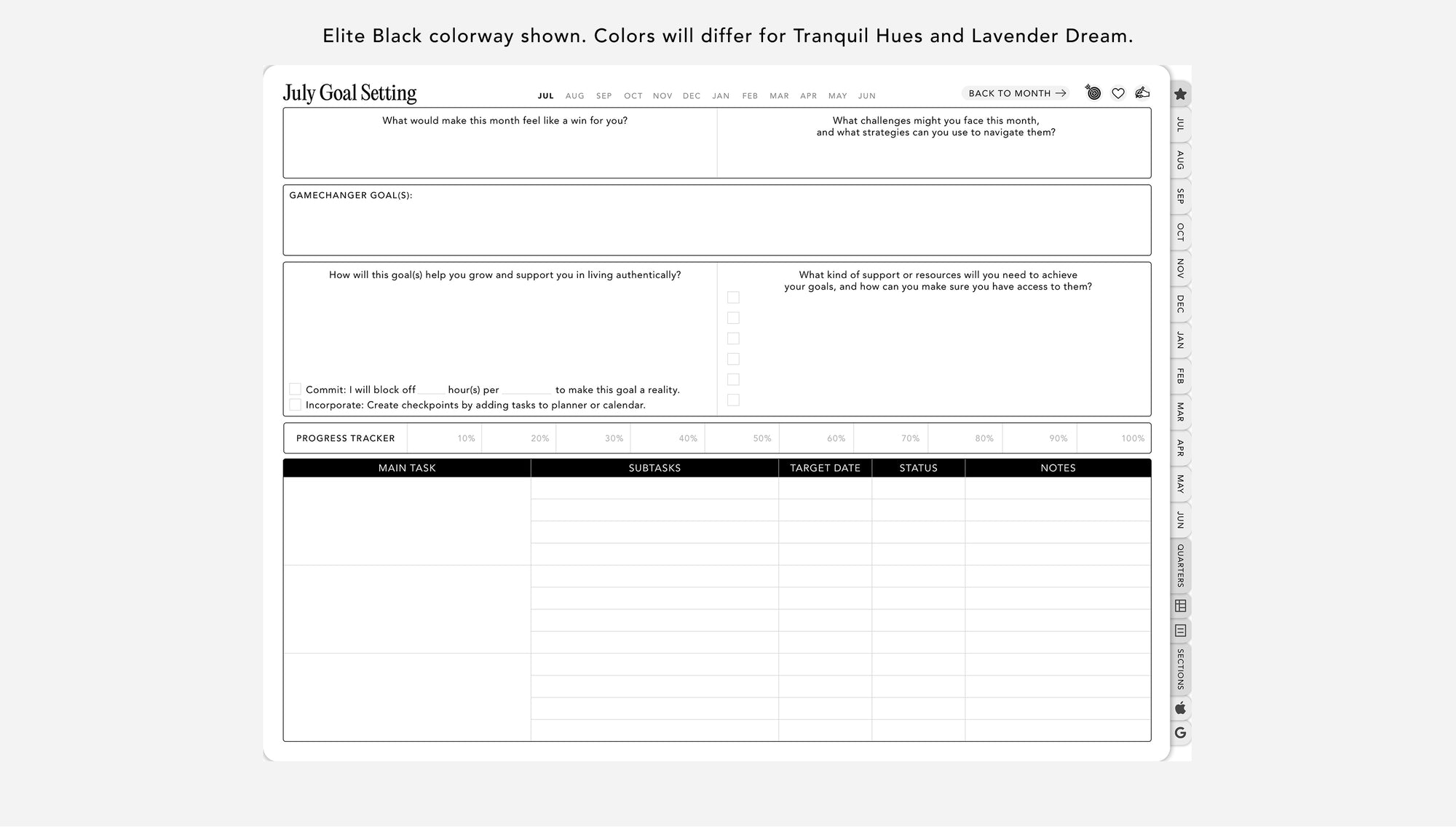 Digital planner software interface with monthly goal setting features on a white background
