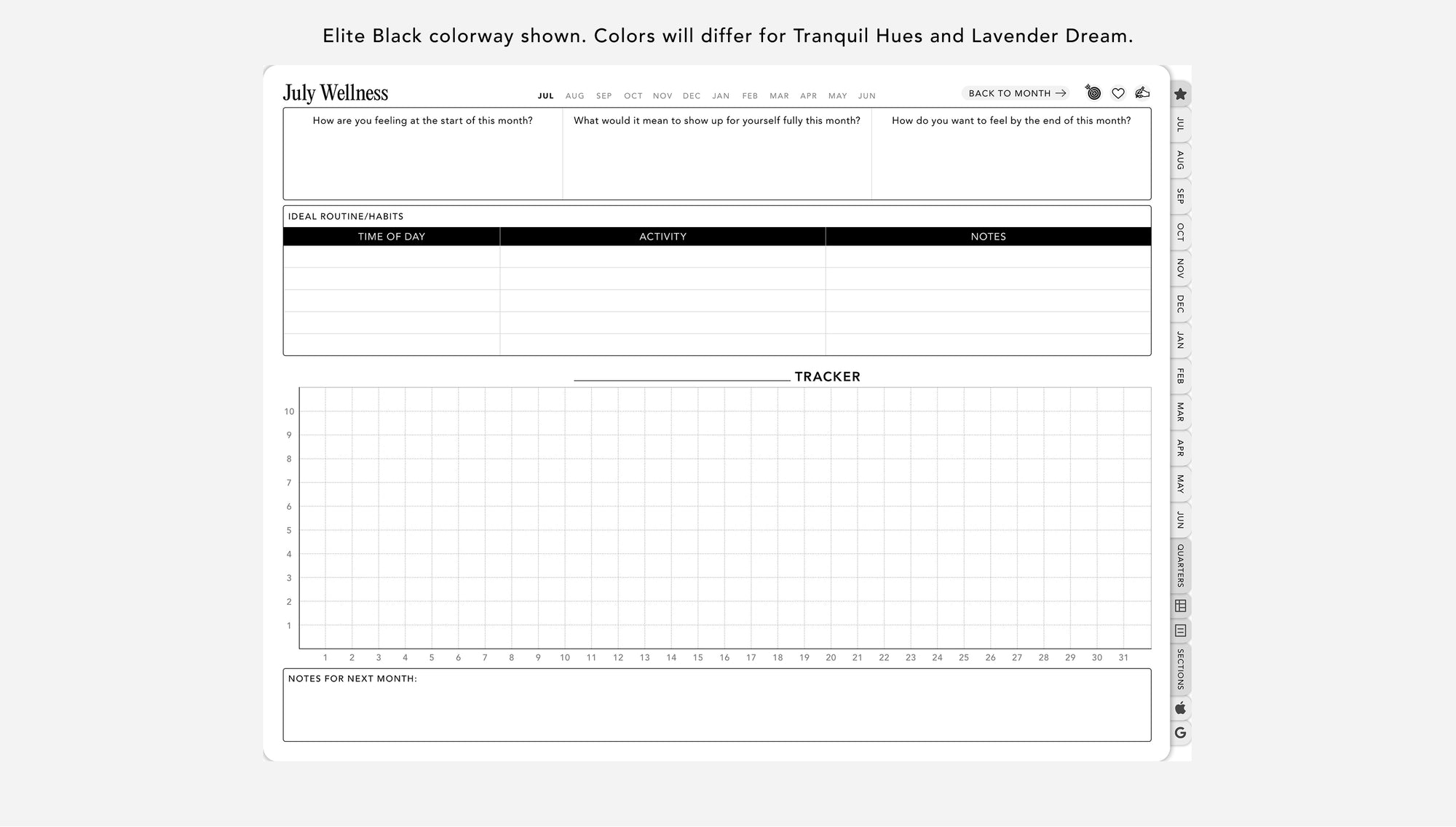 Digital planner interface with monthly wellness tracking on a white background
