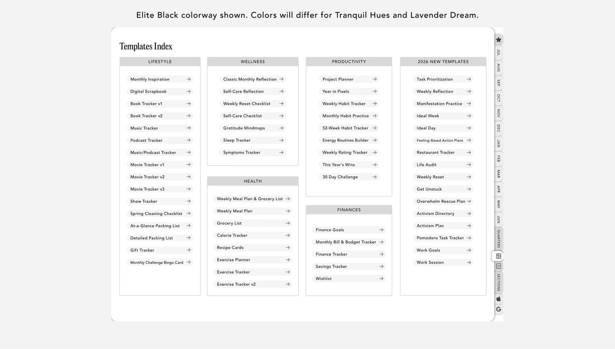 List of templates with hyperlinks on a white background