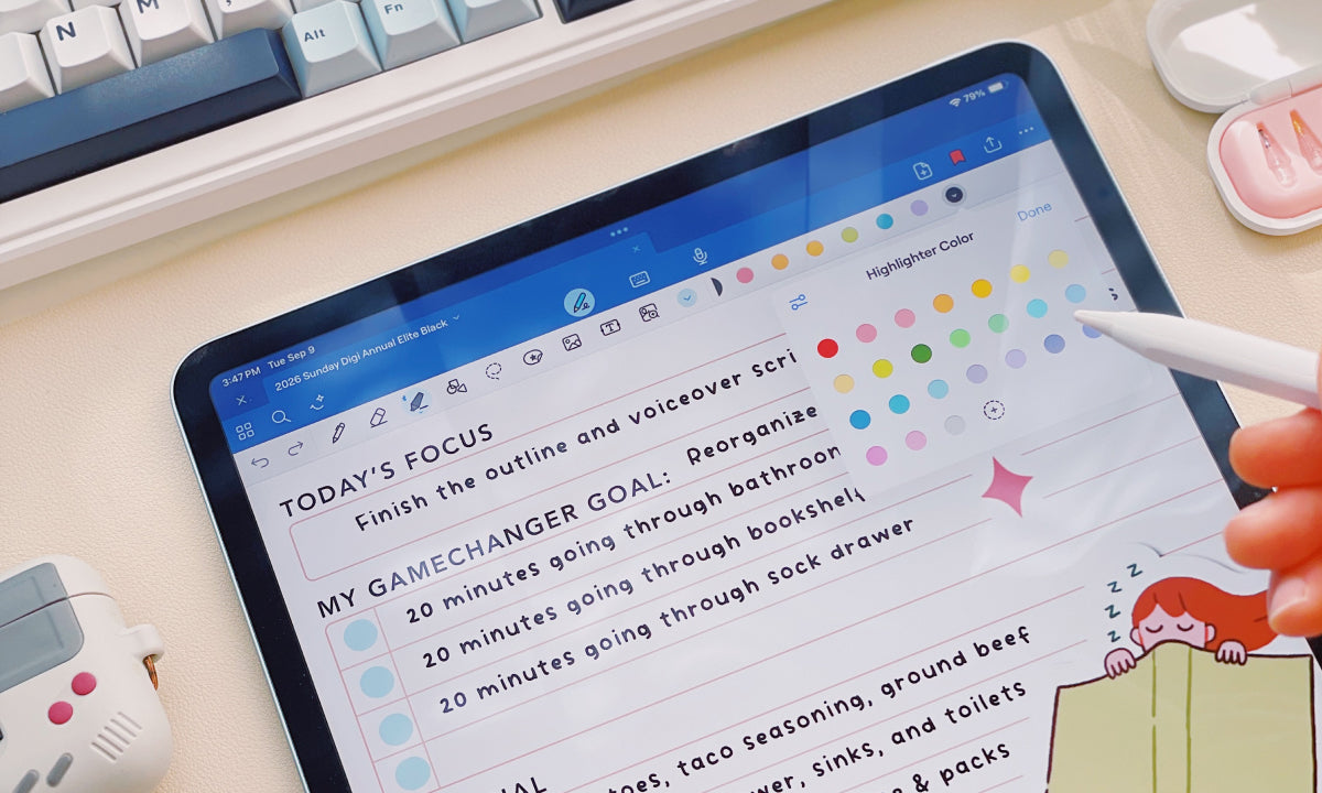 Digital notepad on a tablet with text and colorful checkboxes, next to a keyboard and small figurine.