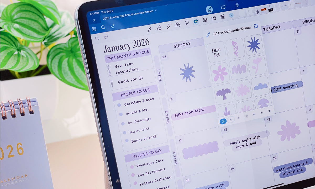 Calendar app on a ipad screen with a focus on a monthly calendar, surrounded by stationery.