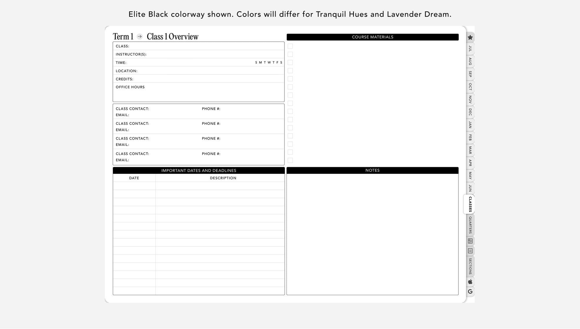 Digital student planner class overview template
