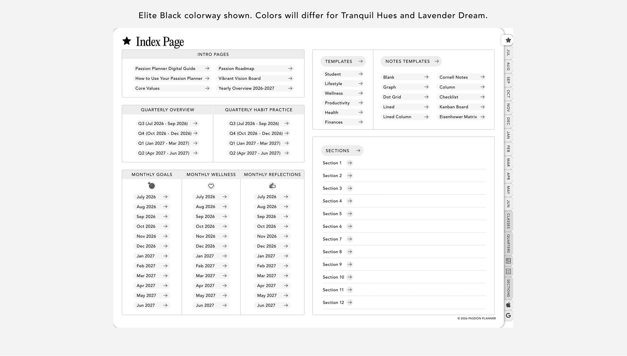 Digital student planner index page with quick links to different months and pages