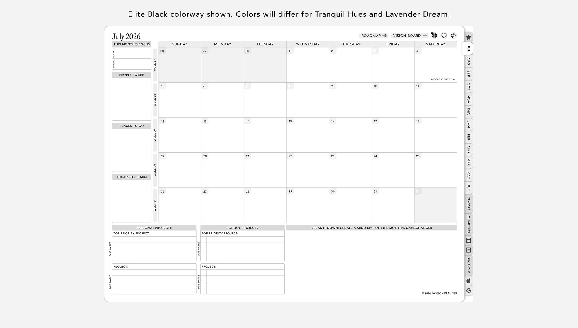 Digital student planner monthly calendar layout