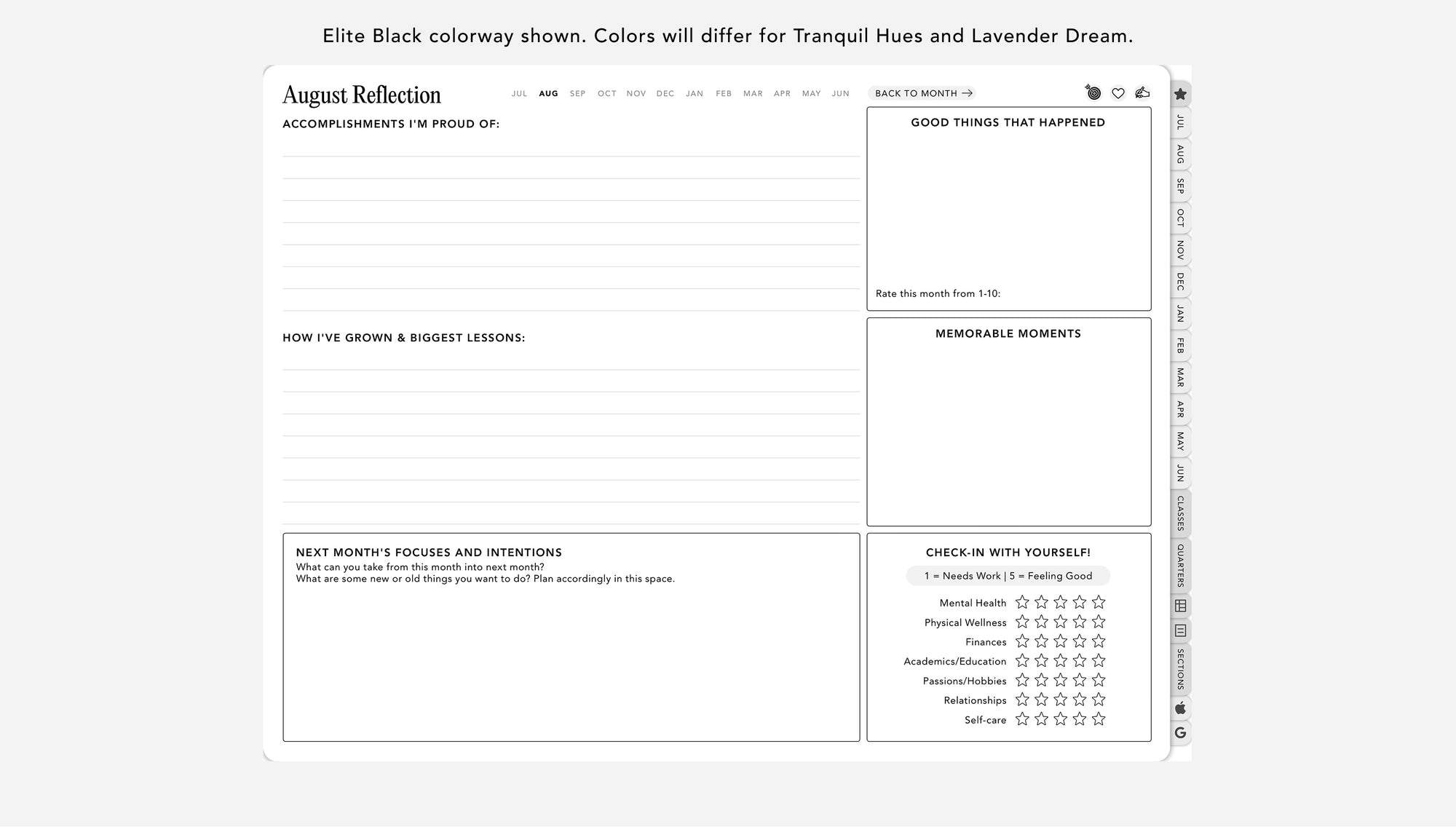 Digital student planner monthly reflection questions and ratings
