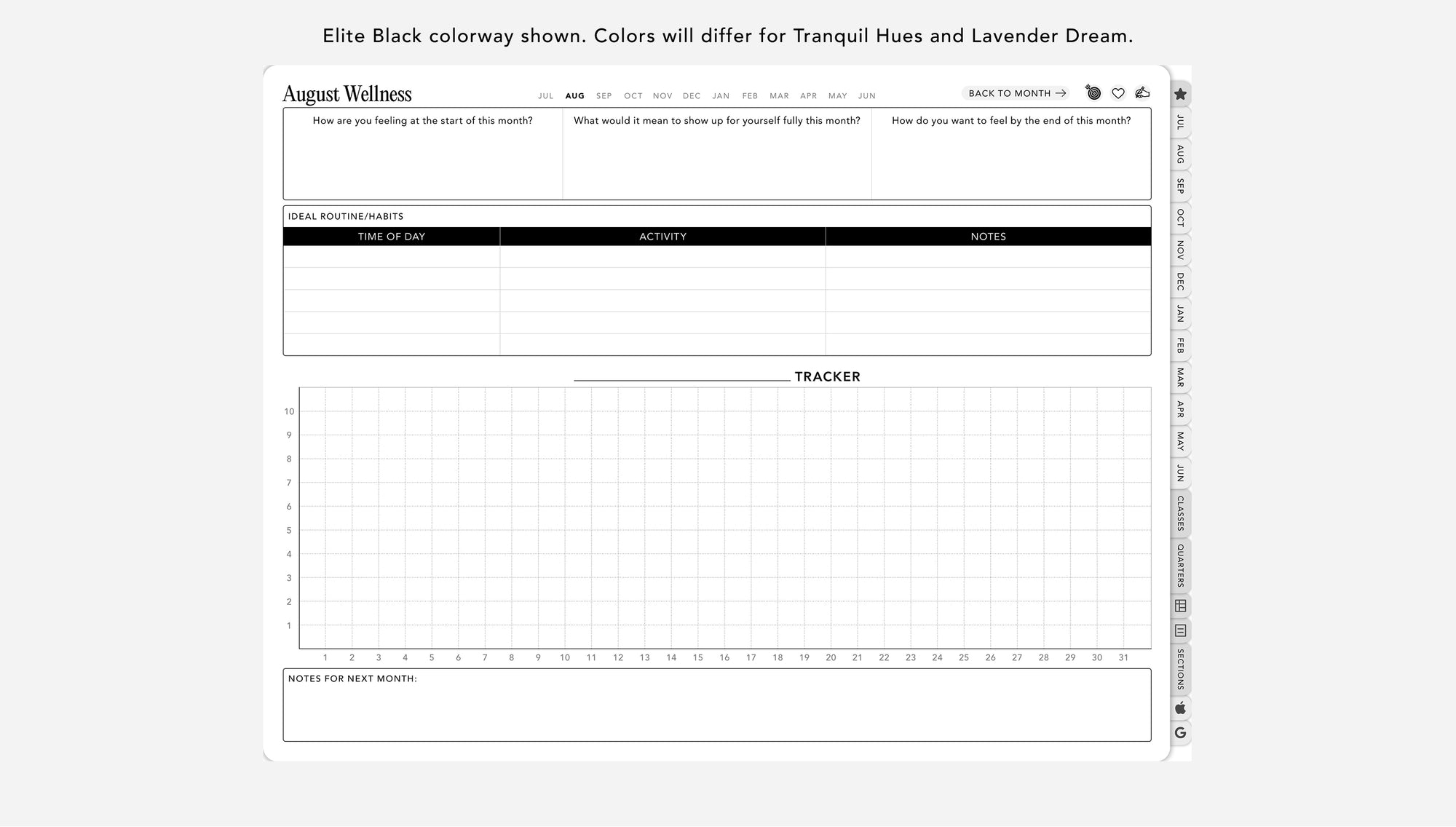 Digital student planner monthly wellness tracker