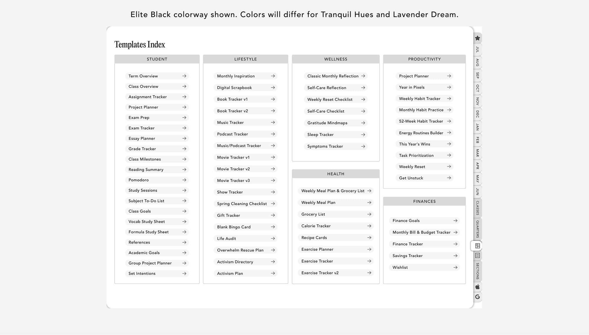 Digital student planner templates index with 6 theme categories