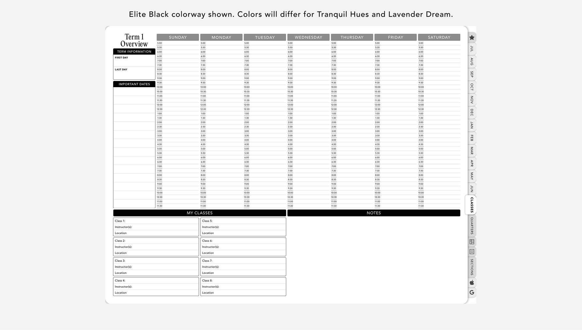 Digital student planner term overview for schedule and class tracking