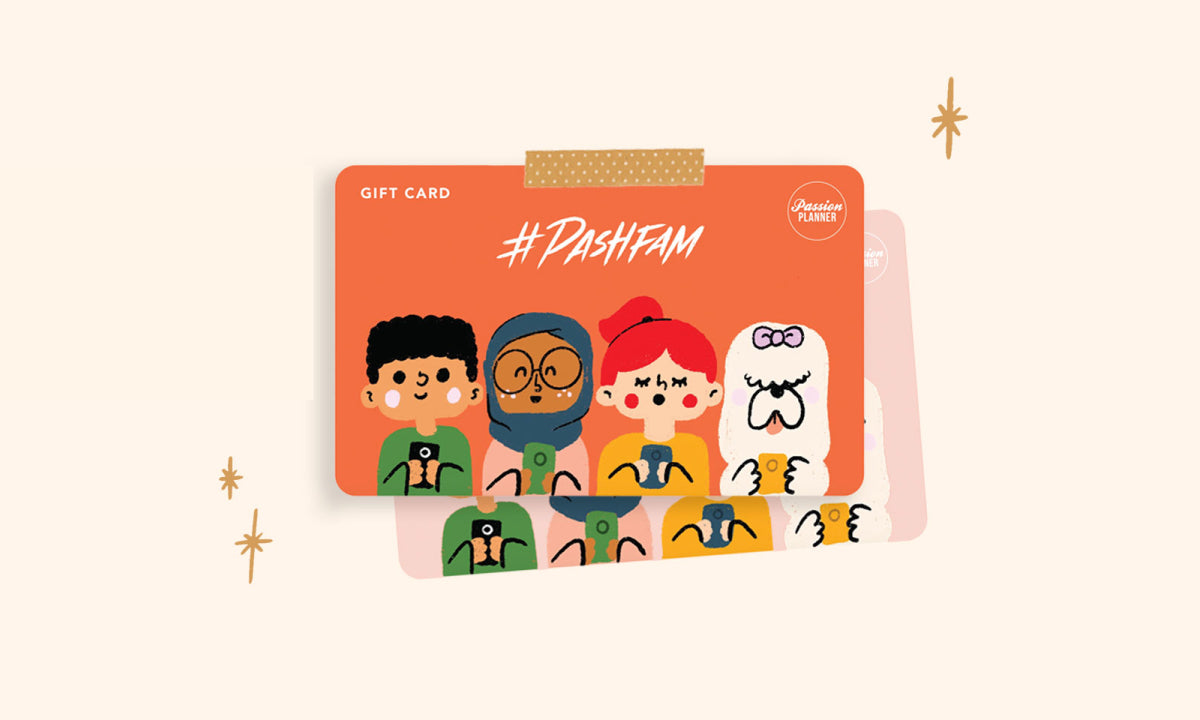 Gift card with cartoon characters and '#PashFam' text on an orange background