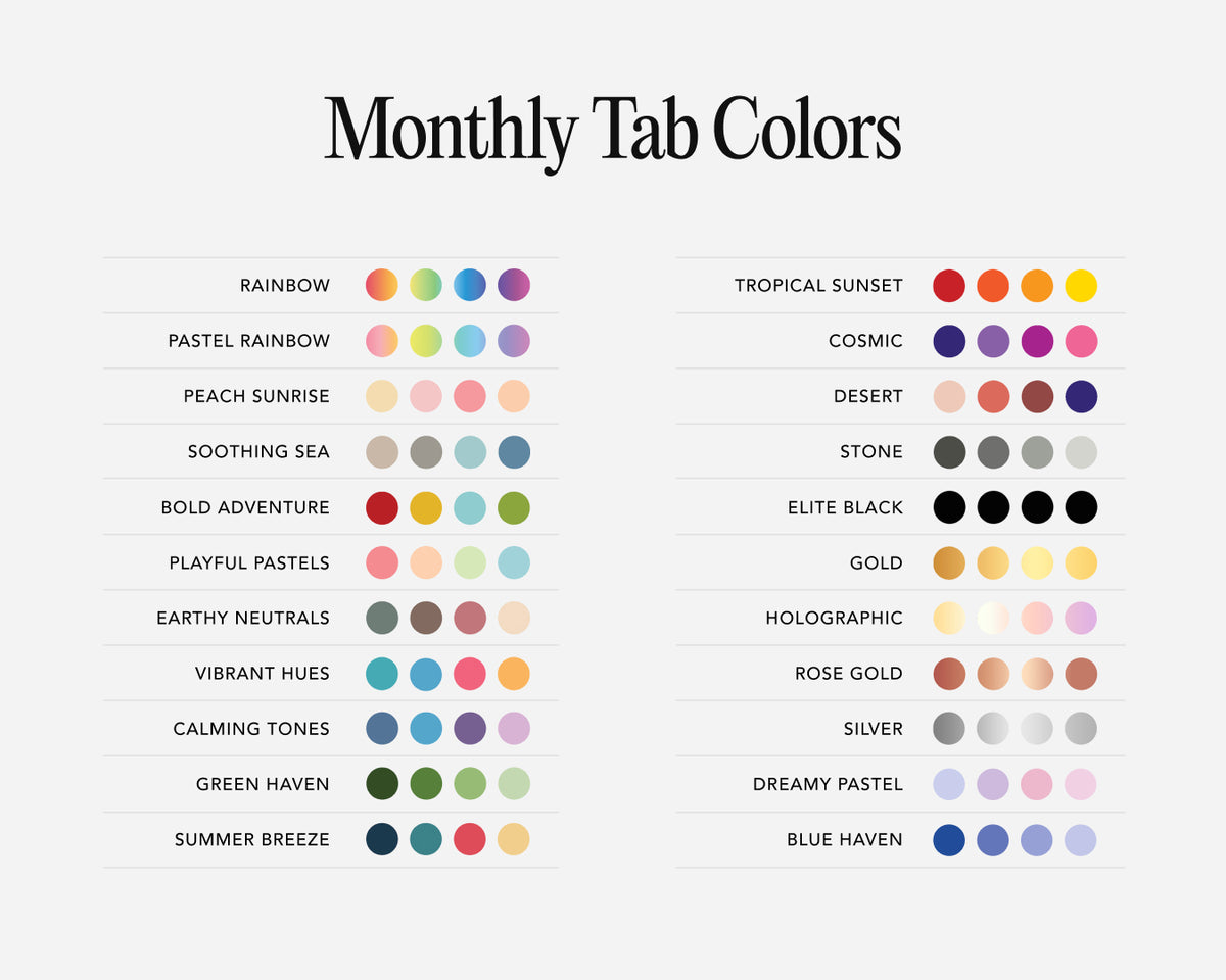 Chart of monthly tab colors with color swatches.