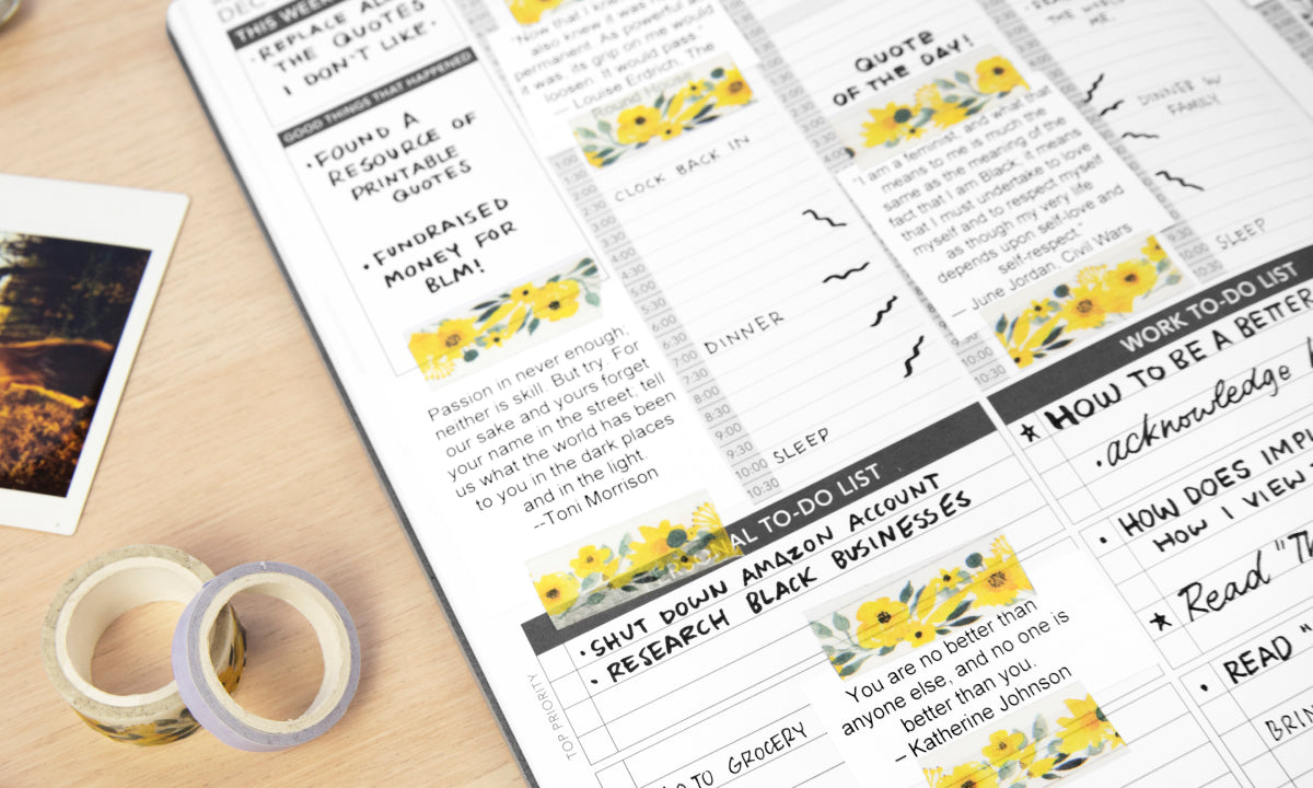 Planner pages with yellow flower designs and text on a wooden desk with tape and a photo.