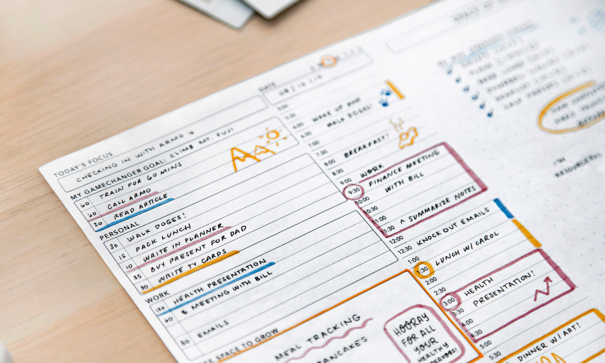 Colorful to-do list on printed daily planner sheet on a wooden desk