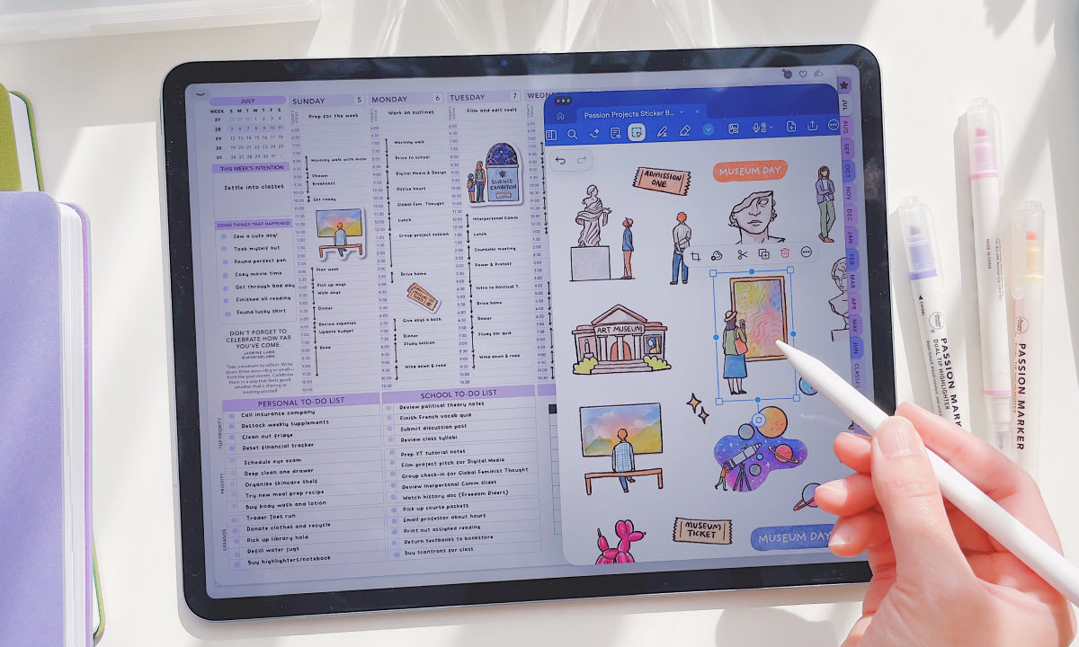 Person using a stylus on a tablet displaying a digital planner and digital stickers