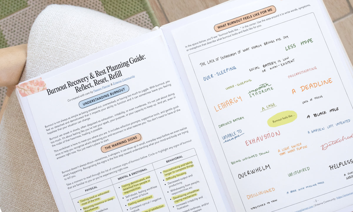 Two printed worksheet pages with a planning guide on burnout recovery and stress management.