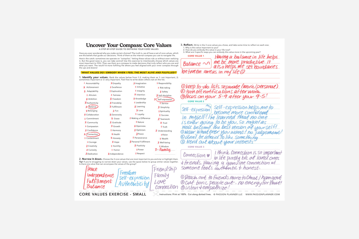 core values worksheet close up