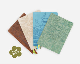 Three embossed faux leather journal covers fanned out on a light gray background, with a green cloud-shaped '$164 VALUE' sticker in the lower left. The covers are brown, sky blue, cream, and sage green, each with a matching green ribbon bookmark and embossed landscape illustrations.