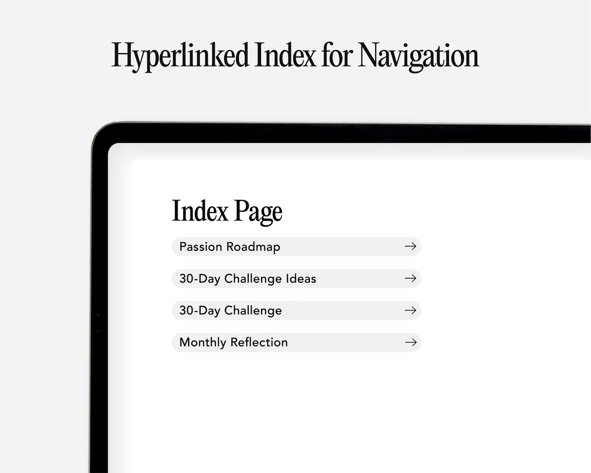 A digital mockup of a tablet screen showing a navigation index page with links labeled 'Passion Roadmap', '30-Day Challenge Ideas', '30-Day Challenge', and 'Monthly Reflection'. The word 'Hyperlinked Index for Navigation' appears above on a light gray background.