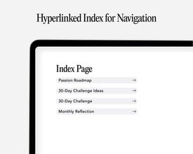 A digital mockup of a tablet screen showing a navigation index page with links labeled 'Passion Roadmap', '30-Day Challenge Ideas', '30-Day Challenge', and 'Monthly Reflection'. The word 'Hyperlinked Index for Navigation' appears above on a light gray background.