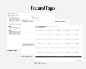 A digital preview of journal pages titled 'Featured Pages' for a 30-Day Challenge, showing document layouts with sections for challenge ideas, monthly reflection, and a weekly tracking grid.