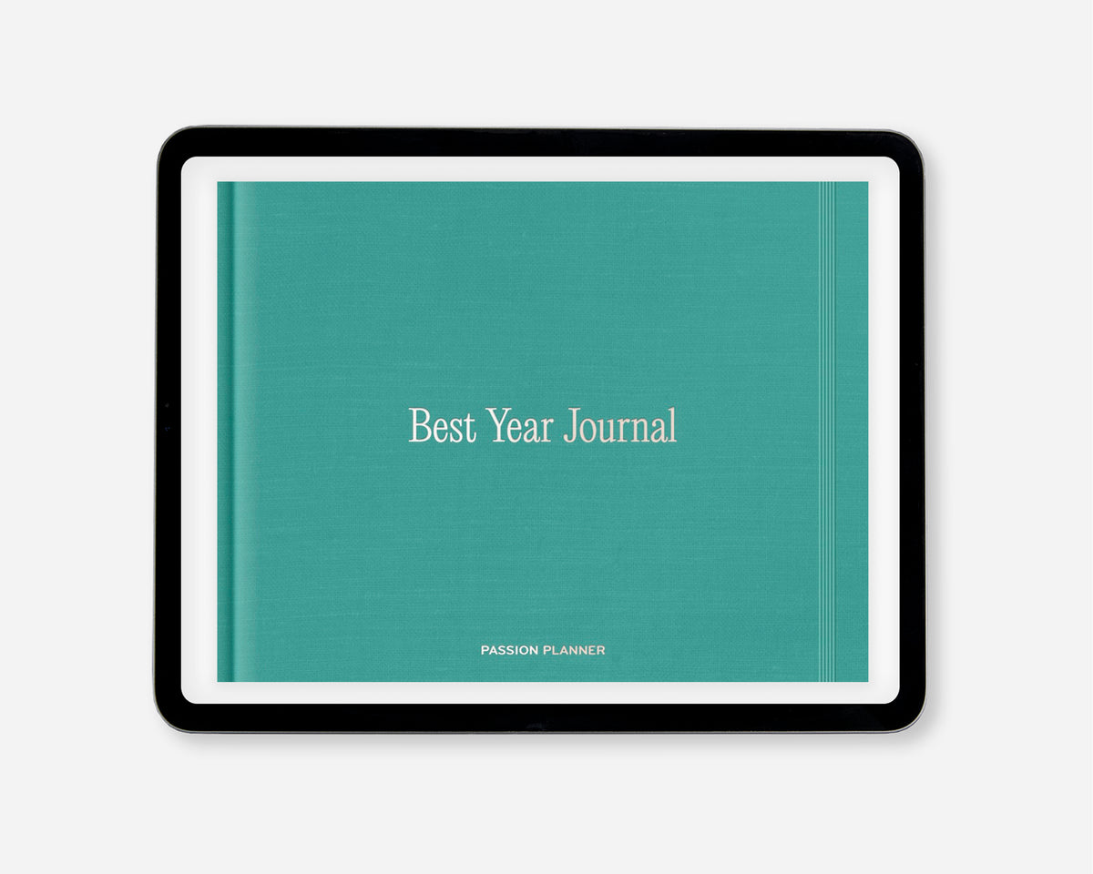 A digital journal titled 'Best Year Journal' with a textured teal cover, white lettering, and a black tablet border, shown on a light gray background.