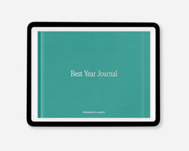 A digital journal titled 'Best Year Journal' with a textured teal cover, white lettering, and a black tablet border, shown on a light gray background.