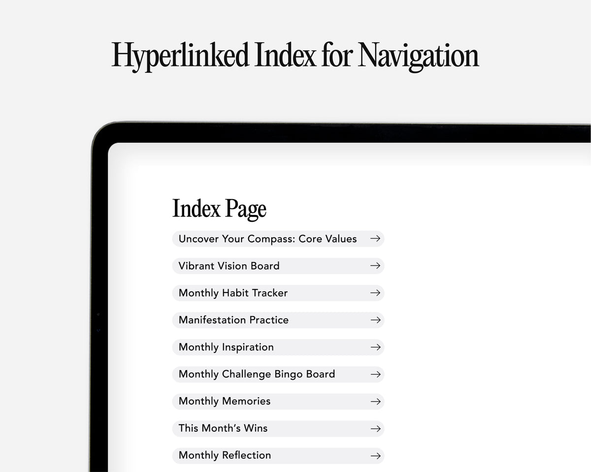 A digital preview of a hyperlinked index page displayed on a tablet screen, titled 'Index Page' with a list of navigation links such as 'Uncover Your Compass: Core Values', 'Vibrant Vision Board', and 'Monthly Habit Tracker'.