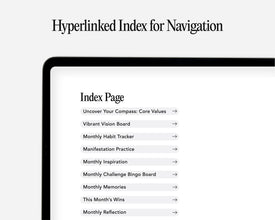 A digital preview of a hyperlinked index page displayed on a tablet screen, titled 'Index Page' with a list of navigation links such as 'Uncover Your Compass: Core Values', 'Vibrant Vision Board', and 'Monthly Habit Tracker'.