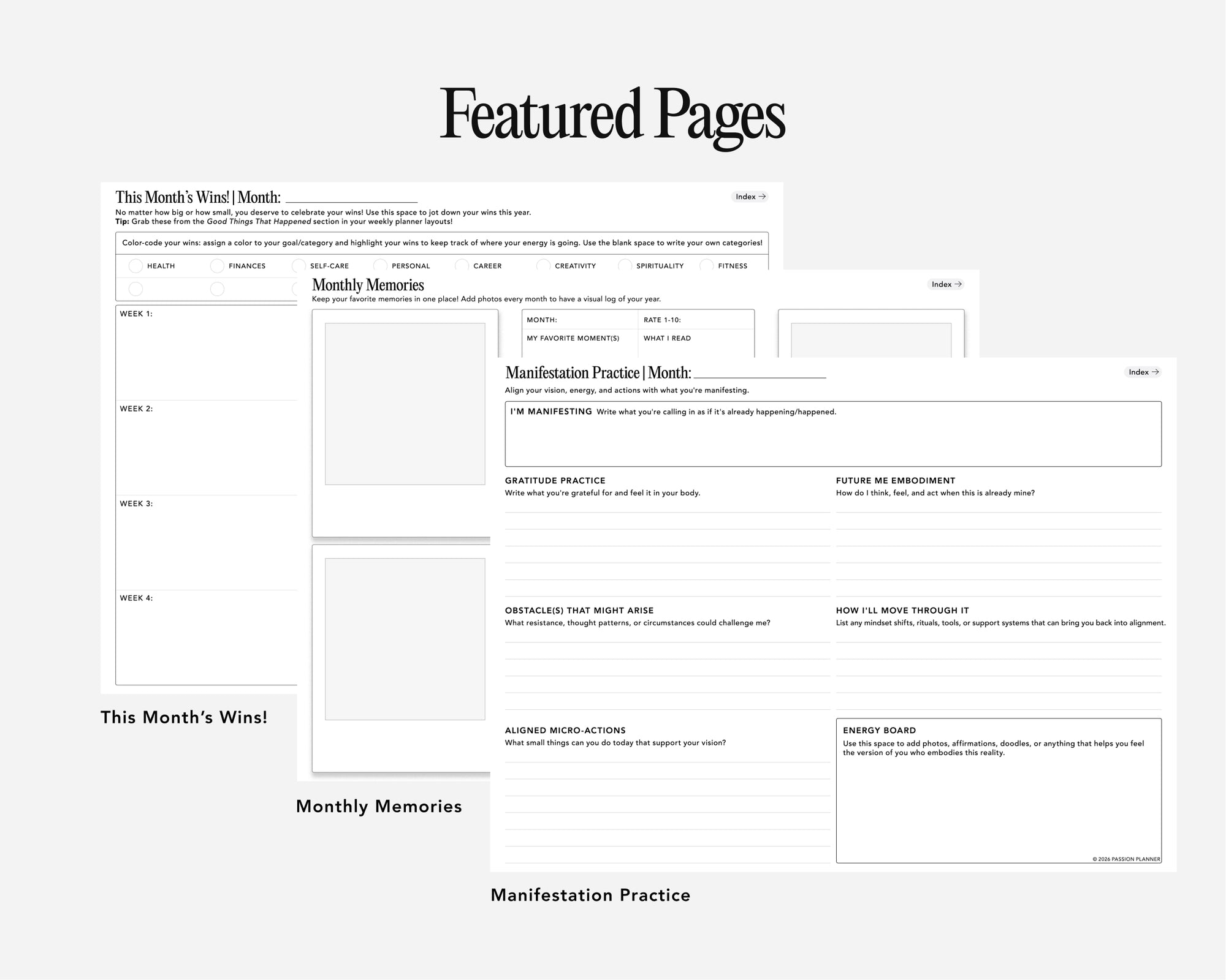 A digital preview page titled 'Featured Pages' showing journal pages like monthly memories and manifestation practices arranged on a light gray background.