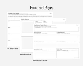 A digital preview page titled 'Featured Pages' showing journal pages like monthly memories and manifestation practices arranged on a light gray background.