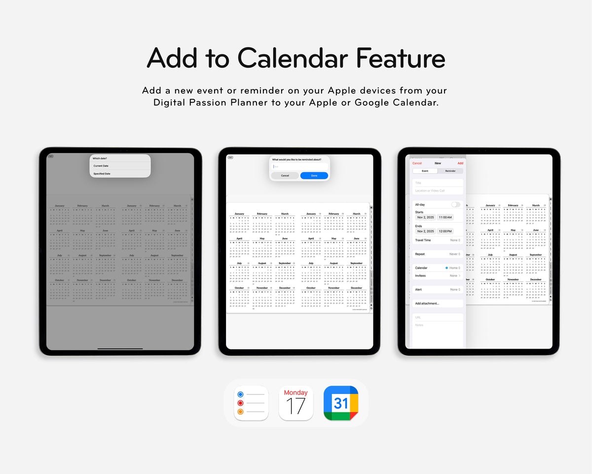 Three tablet screens displaying a digital planner with calendar views, featuring Apple's Add to Calendar feature.