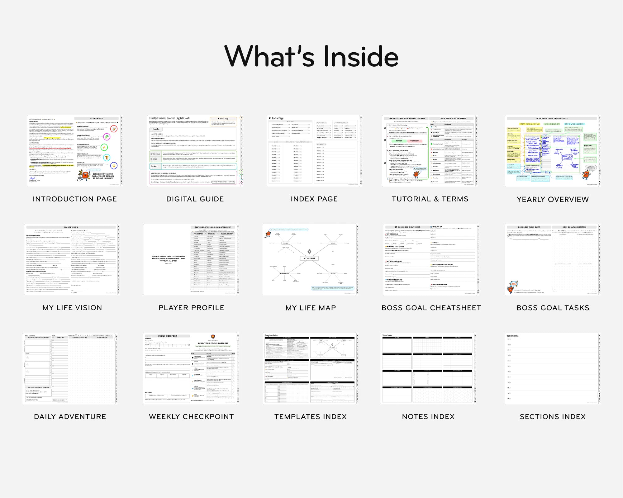 Pages of the finally finished journal with various sections on a white background.