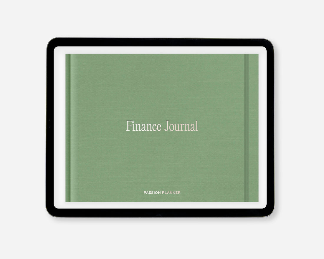 A digital finance journal with a sage green cover, white title text reading &