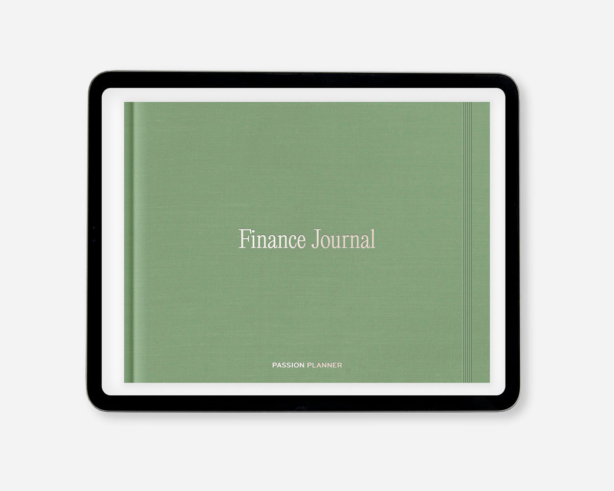 A digital finance journal with a sage green cover, white title text reading 'Finance Journal', and a black tablet frame, shown on a light gray background.