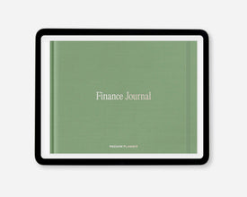 A digital finance journal with a sage green cover, white title text reading 'Finance Journal', and a black tablet frame, shown on a light gray background.