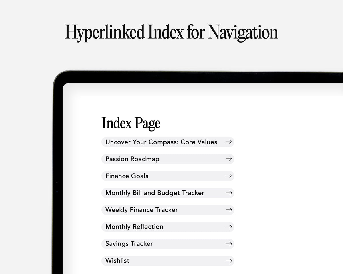 A digital mockup of a tablet screen displaying a hyperlinked index page with navigation links such as 'Monthly Bill and Budget Tracker', 'Weekly Finance Tracker', and 'Finance Goals'.