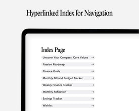 A digital mockup of a tablet screen displaying a hyperlinked index page with navigation links such as 'Monthly Bill and Budget Tracker', 'Weekly Finance Tracker', and 'Finance Goals'.