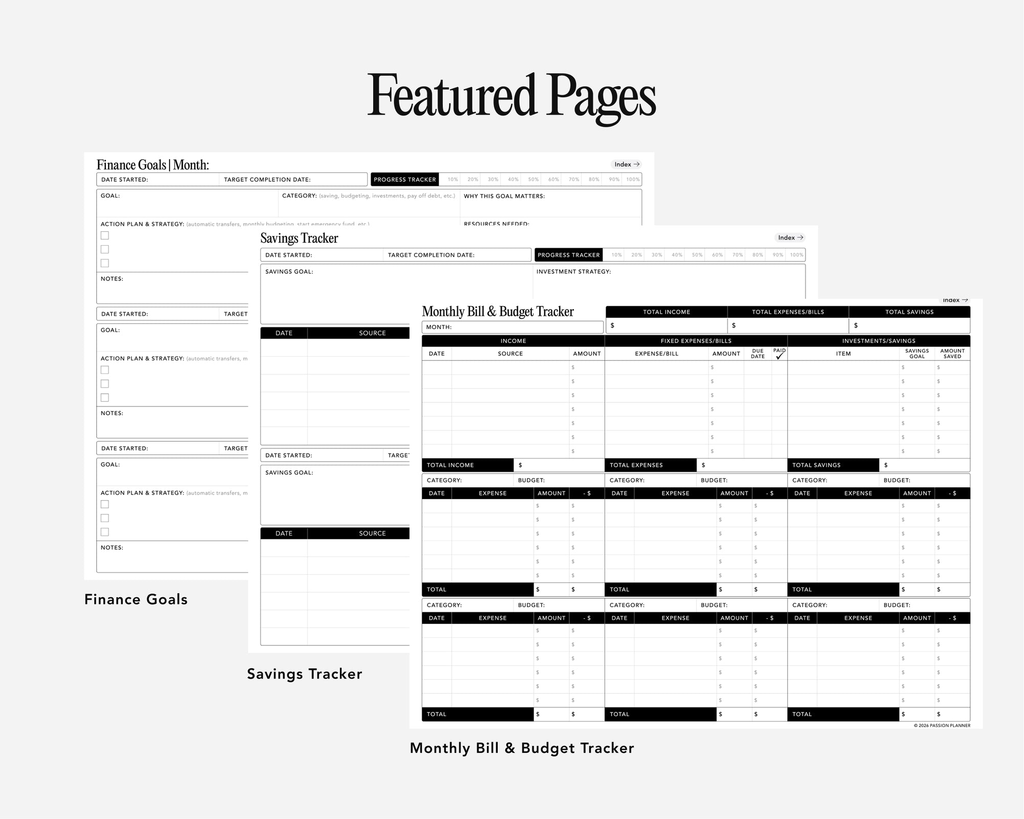 A digital preview of budget and finance tracker pages titled 'Featured Pages' on a light gray background. The pages include sections for finance goals, savings tracker, and monthly bill & budget tracker.