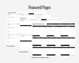 A digital preview of budget and finance tracker pages titled 'Featured Pages' on a light gray background. The pages include sections for finance goals, savings tracker, and monthly bill & budget tracker.