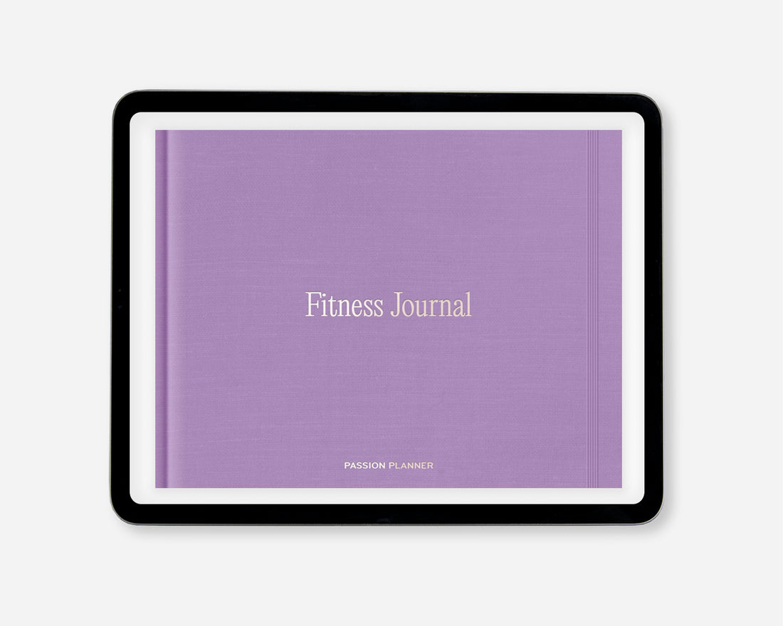 A digital fitness journal with a textured lavender purple cover, featuring the words &