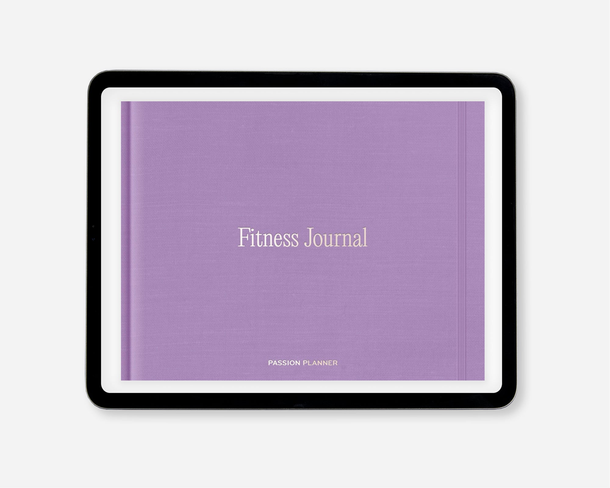 A digital fitness journal with a textured lavender purple cover, featuring the words 'Fitness Journal' in a light beige serif font. The journal is presented in a black tablet-style frame against a clean, light gray background.