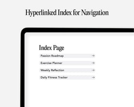 A digital mockup showing a tablet screen with a navigation index page titled 'Index Page' and links for 'Passion Roadmap', 'Exercise Planner', 'Weekly Reflection', and 'Daily Fitness Tracker'.