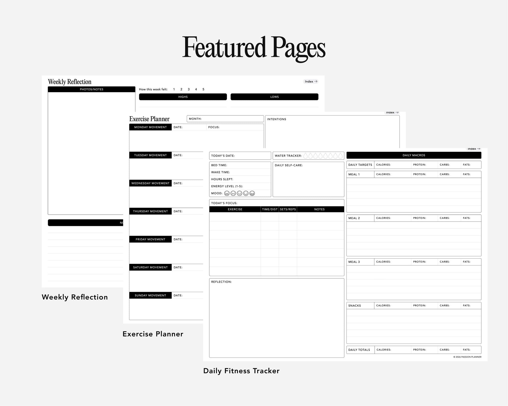 A product preview graphic showing several digital journal pages arranged on a light gray background under the heading 'Featured Pages.' The visible page types include Weekly Reflection, Exercise Planner, and Daily Fitness Tracker.